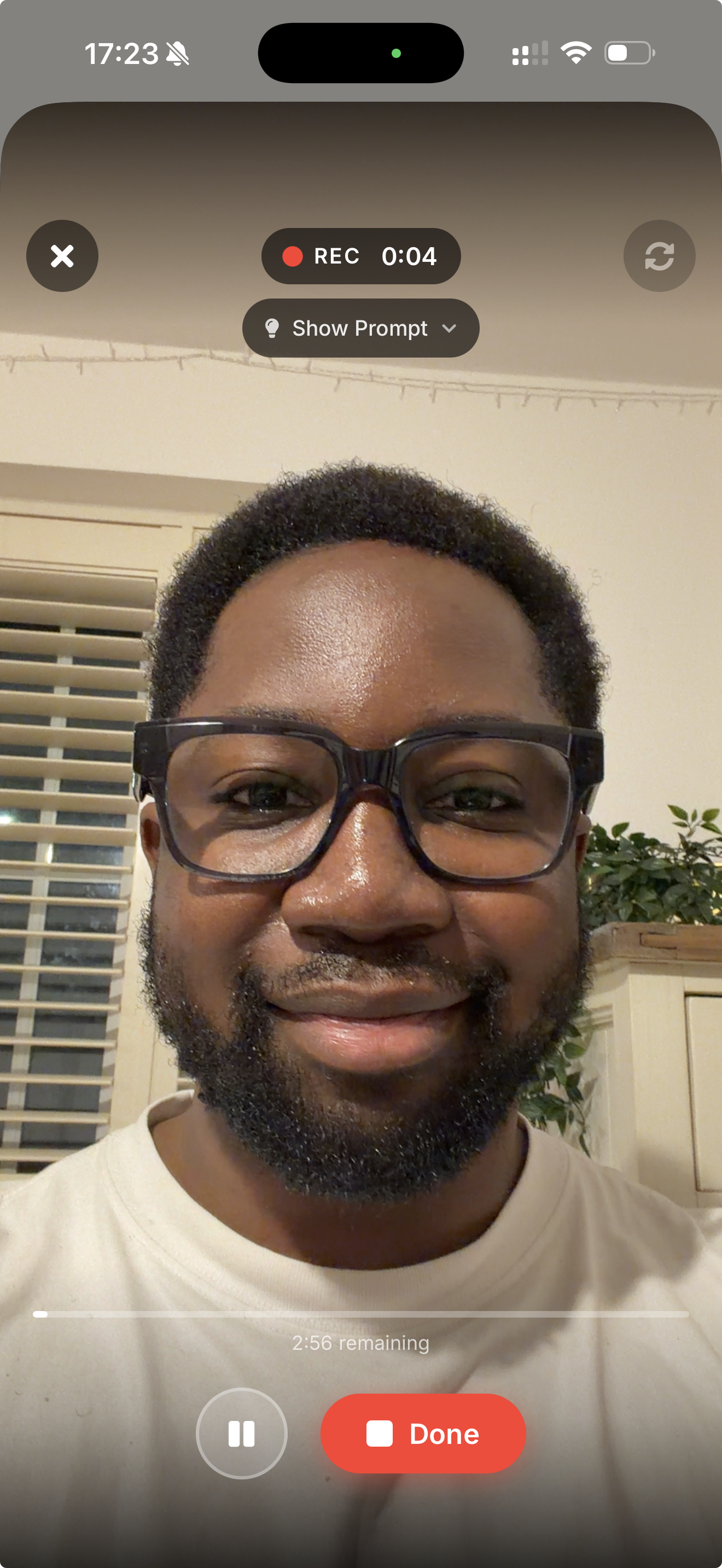 Gather app video recording interface showing a user recording their weekly check-in