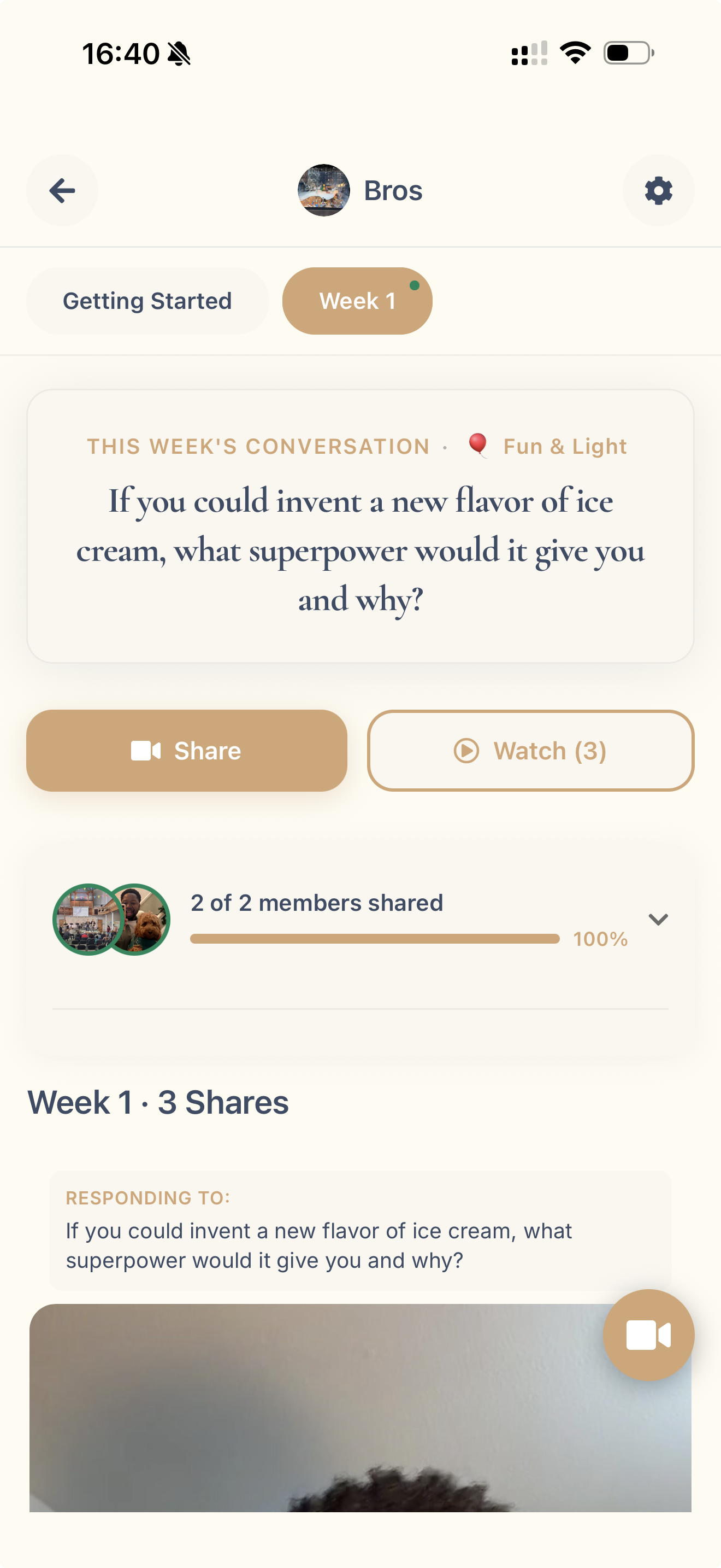 Gather app showing friend video responses